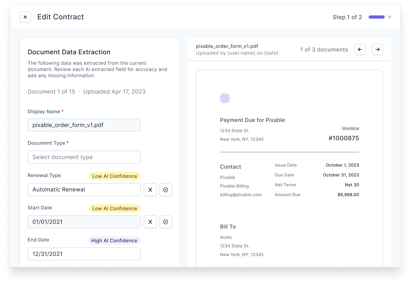 Screenshot of internal UI for AI data extraction